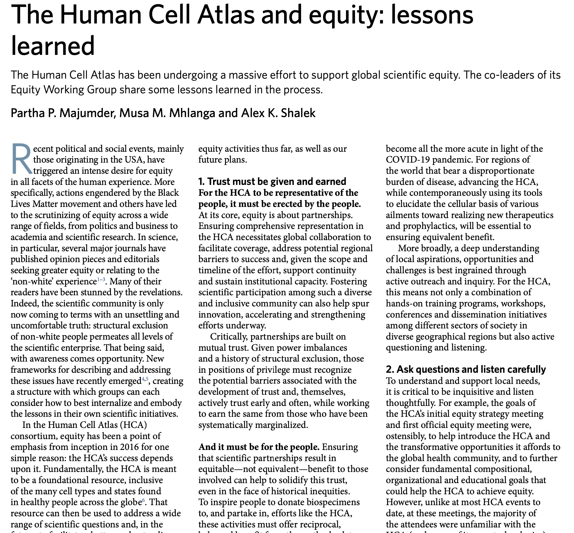 The Human Cell Atlas and equity: lessons learned